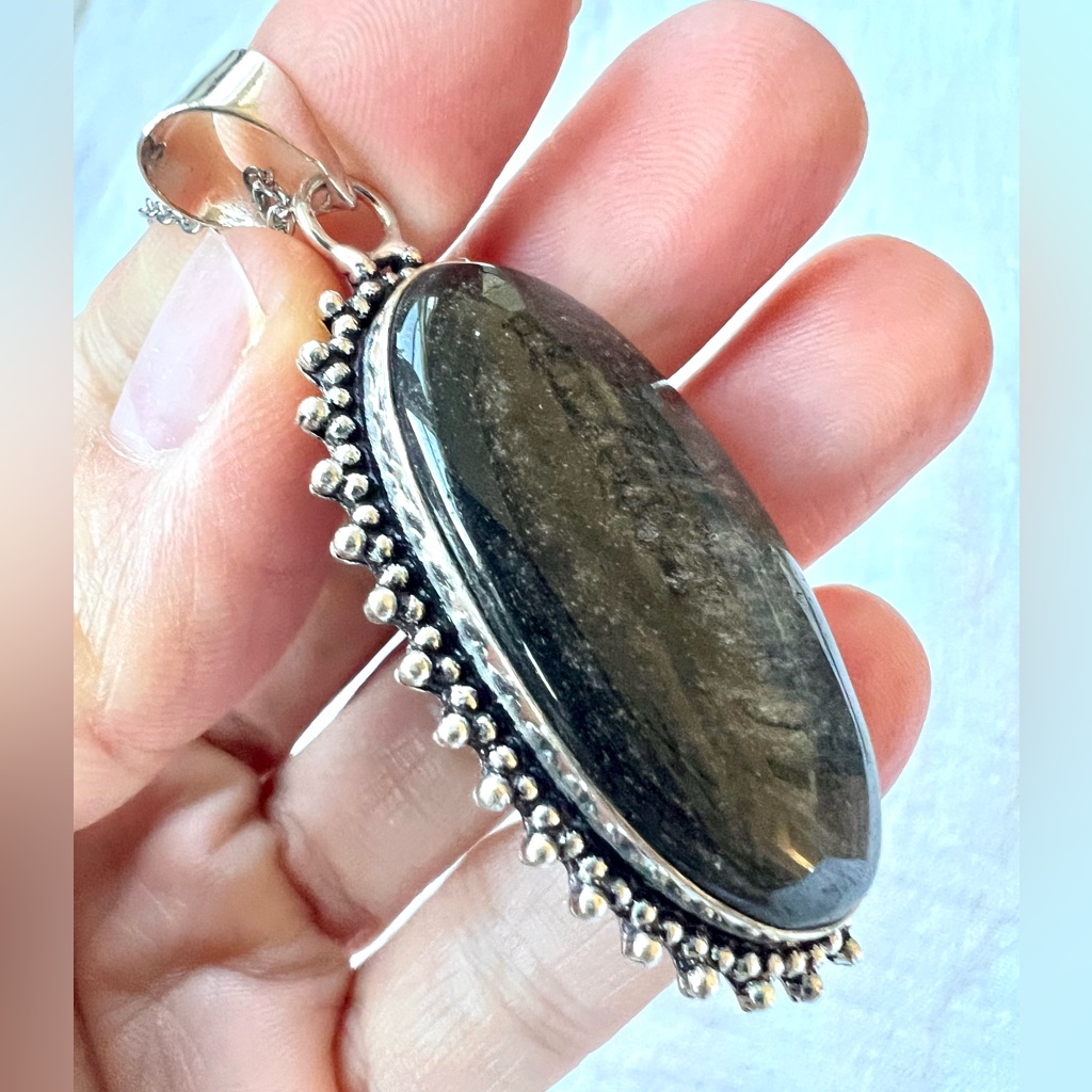 925 Golden Black Obsidian Oval Ornamental Pendant Necklace